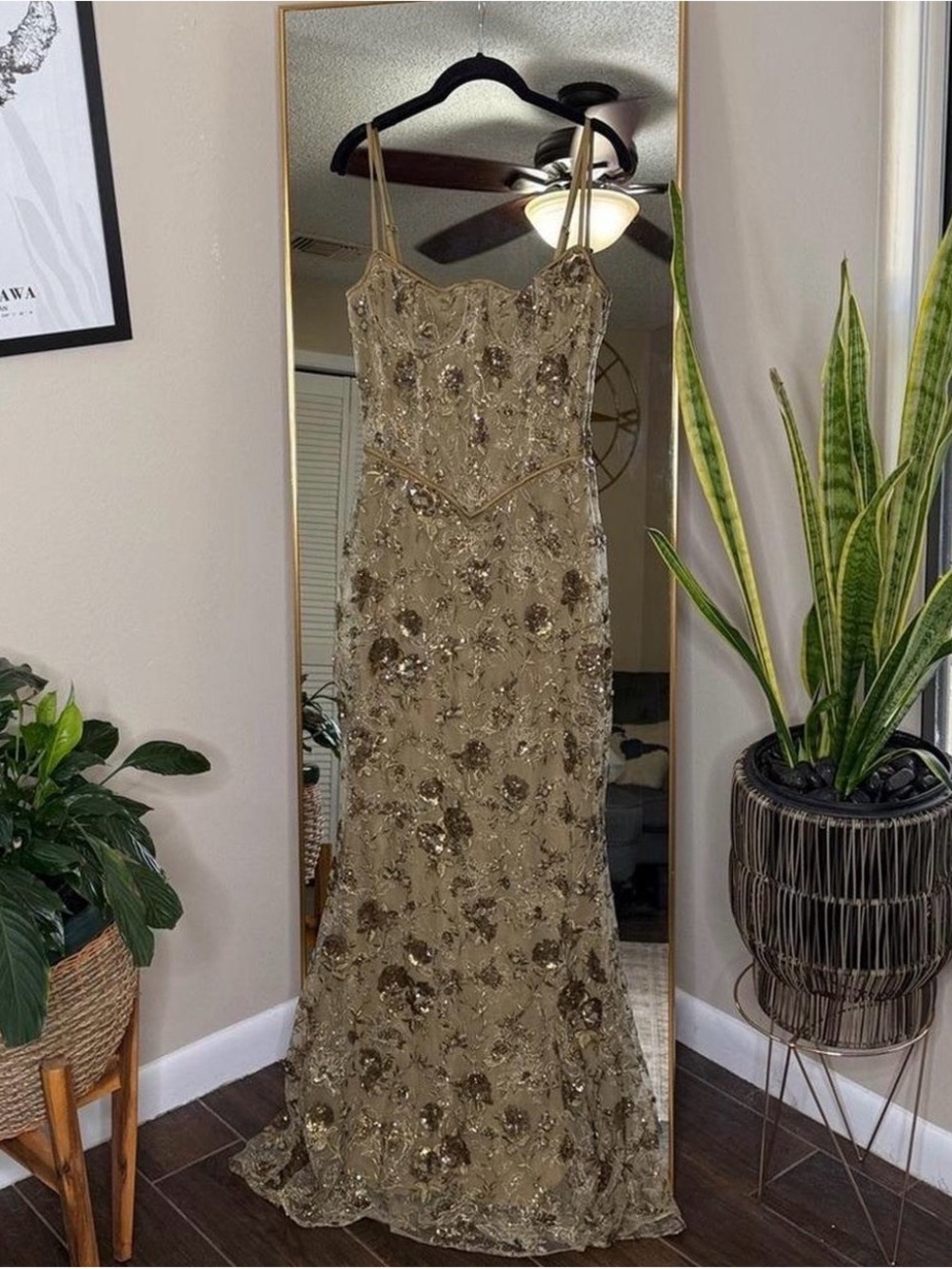 House of CB Gold Beaded Floral Lace Maxi Dress - Picture 2 of 3